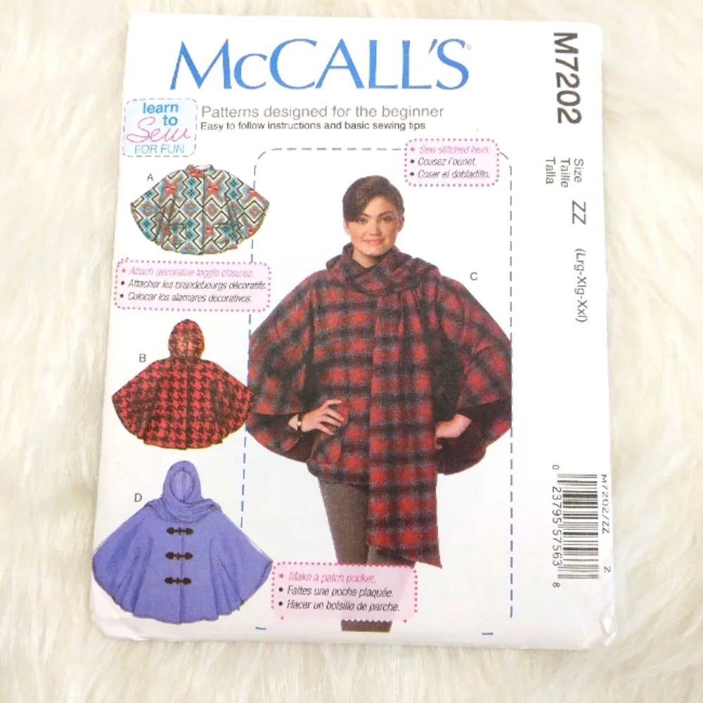 McCall's M7202 EASY Misses' Poncho in 4 variations, sz L-XL-XXL